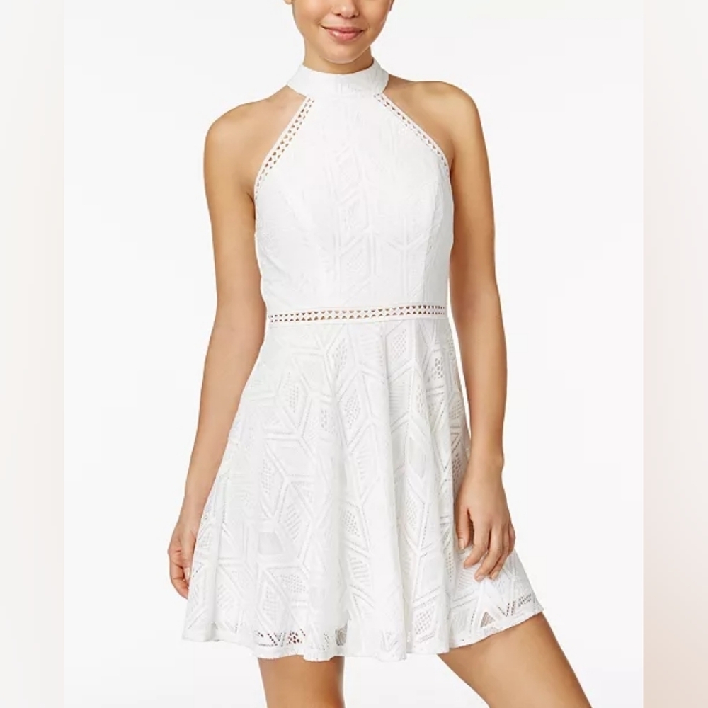 NWT City Studios Formal Juniors White Crochet Halter Mini Dress - Size 5